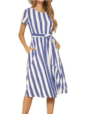 LEVACA Flowy Blue and White Striped Summer Midi Dress